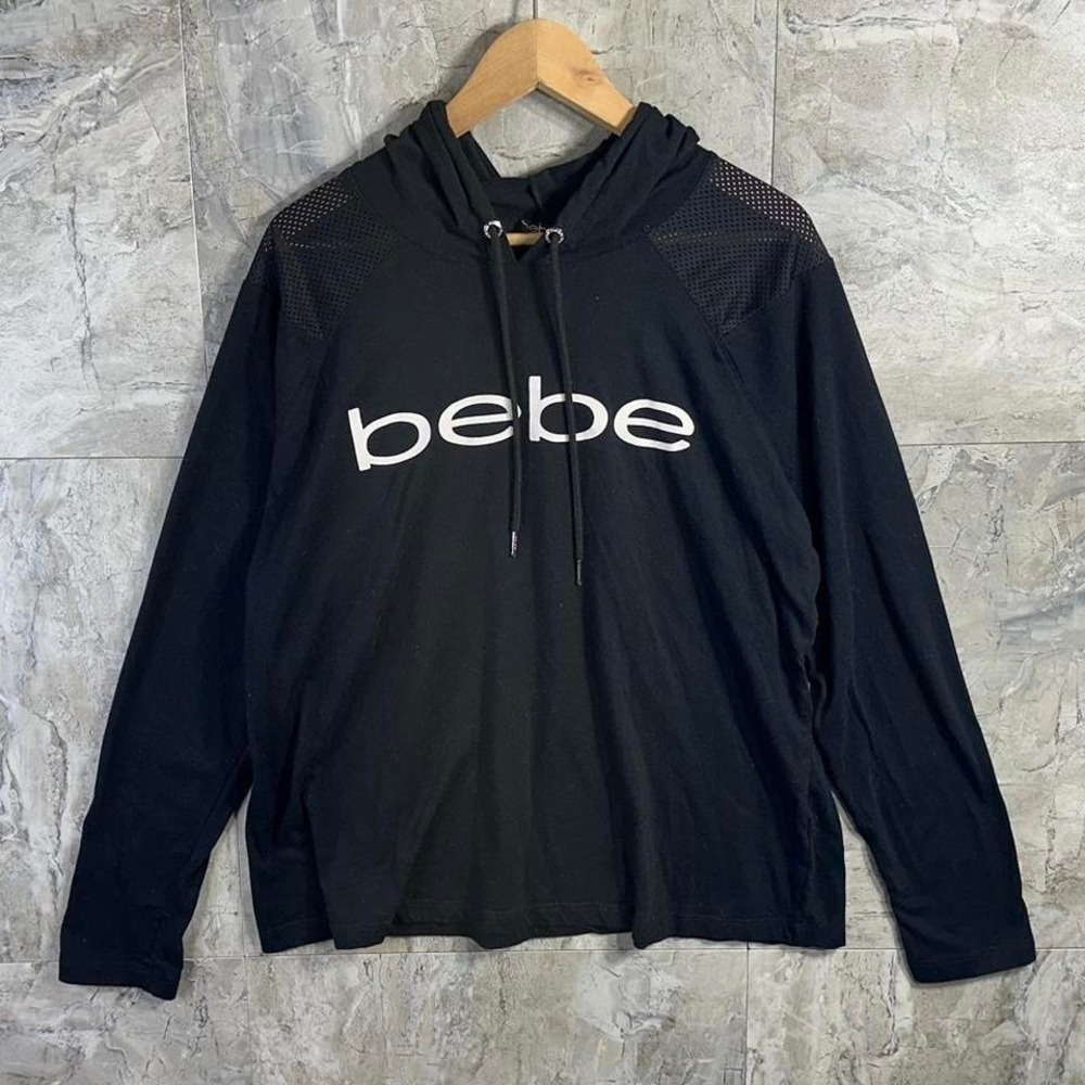 bebe Black Mesh Sleeve Active Hooded Drawstring Sweatshirt‎ w/ Thumb Holes  2XL